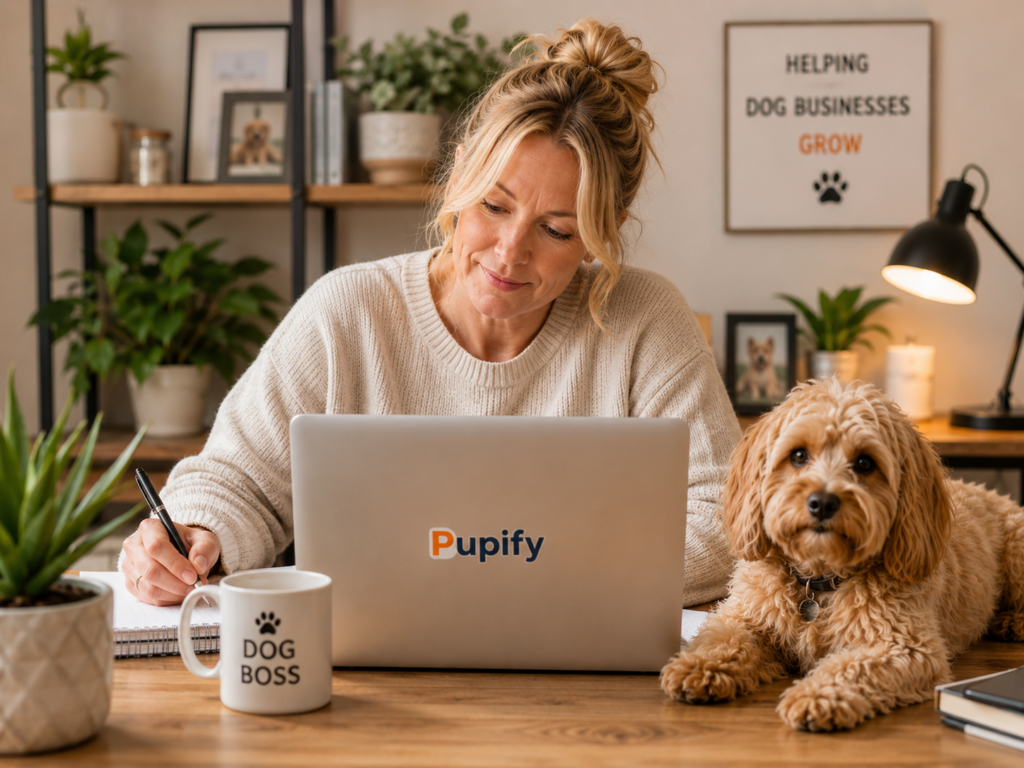 Dog business owner working on her laptop with her dog beside her.